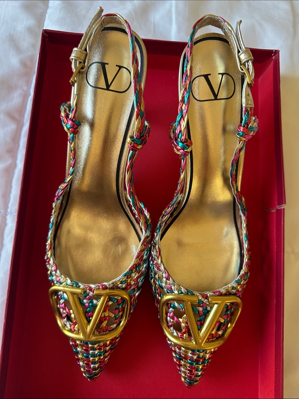 Valentino Garavani Multicolor Braided Pointed-Toe Slingback Heels w/ Gold V Logo